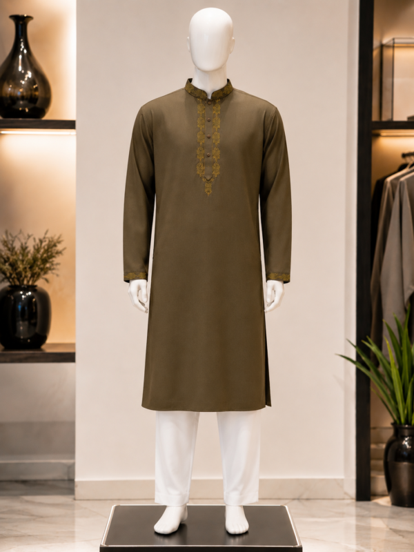 Men's Premium Olive Embroidered Cotton Panjabi