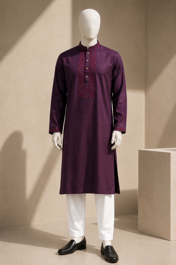 Men's Premium Purple Embroidered Cotton Panjabi